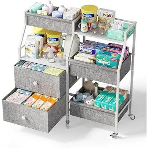 DTK Baby Diaper Caddy Organizer, 3 Tier Rolling Diaper Cart with Dividers and Drawers, Mobile Utility Baby Storage Cart with Wheels, Baby Newborn Essentials for Nursery, Bedroom, Charging Table,Crib
