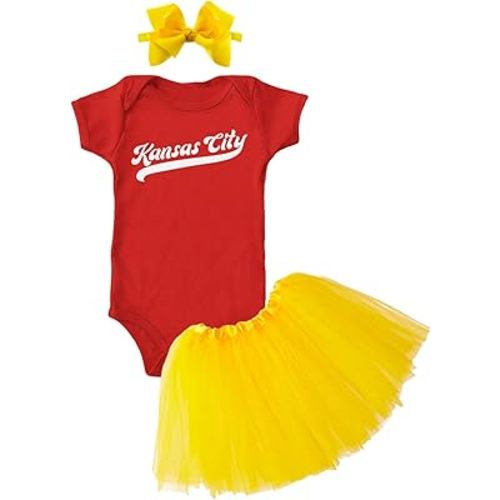 Kansas City - Baseball Jersey Style Script Baby Bodysuit + Tutu Skirt + Bow Headband Set