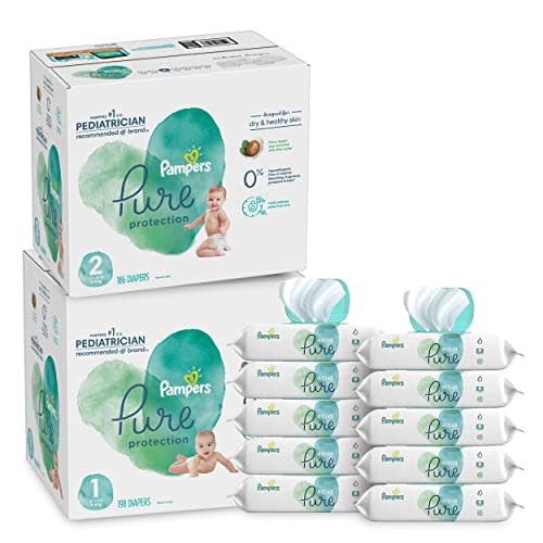 Pampers Pure Protection Disposable Baby Diapers Sizes 1 (198 Count) & 2 (186 Count) with Aqua Pure Baby Wipes, 10X Pop-Top Packs (560 Count)