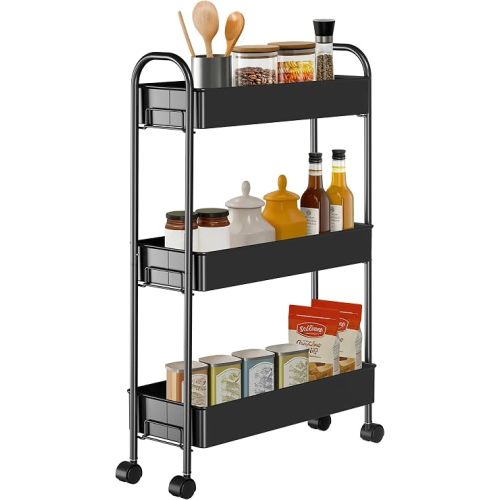 Slim Rolling Cart, Metal Frame Utility Rolling 3-Tier Narrow Storage Cart with Handle Kitchen Storage Organizer, Mobile Shelving Unit for Bathroom Kitchen