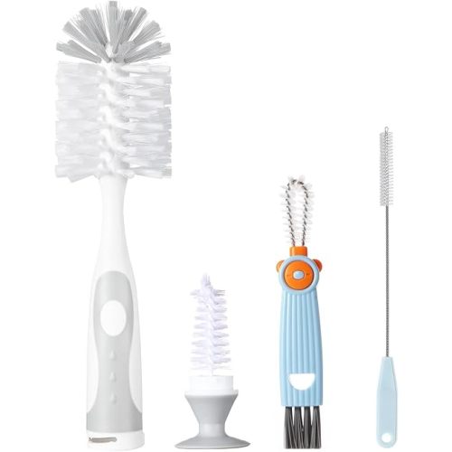 Baby Bottle Brush Set, Suction Base, Hidden Cleaner & Straw Brush, Gray