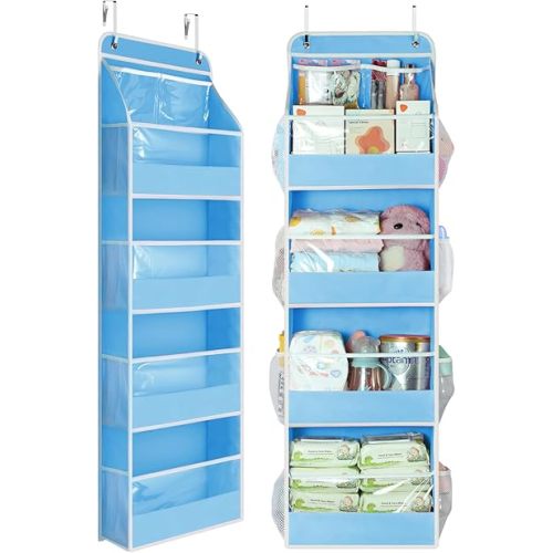 Yecaye 5 Tier Over the Door Organizer, Swing-proof Door Organizer Hanging with Clear PVC Windows, Behind the Door Storage for Bedroom Nursery Closet Laundry Pantry Bathroom, Soft Sky Blue