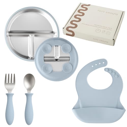 TOTS GROUND Stainless Steel Toddler Feeding Set 4 Pieces – Suction Plate, Silicone Bib, Spoon & Fork – Divided Plates for Baby Led Weaning, BPA-Free, Removable Shell (Baby Blue)