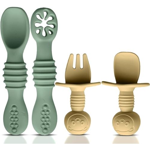 HippoBaby 4pc Silicone Baby Spoons Self Feeding Baby Utensils 6-12 Months - 3 Baby Spoon - 1 Baby Fork - Toddler Cutlery Set - BPA Free, Dishwasher Safe - Baby Eating Essentials (Green/Yellow) - Small
