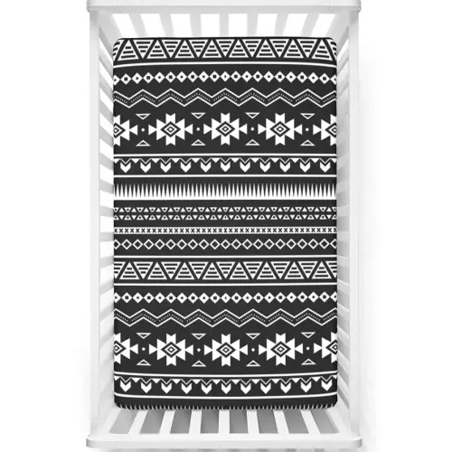 Aztec Themed Fitted Crib Sheet,Standard Crib Mattress Fitted Sheet Toddler Bed Mattress Sheets-Baby Sheet for Boys Girls, 28“ x52“,Black White