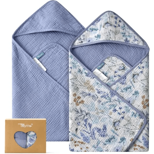 TILLYOU Muslin Hooded Baby Towels for Newborn 2 Pack, 32x32Inch Soft Baby Bath Towel Highly Absorbent for Newborn and Infant, Essential for Newborn Care, Blue Flower