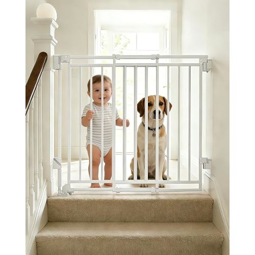 Baby Gate with No Bottom Bar, 29" H x 26.4-43" W, White | Drill Required, Hardware Mounted, One-Hand Operation, Auto Close, Two-Way Swing for Stairs & Doorways