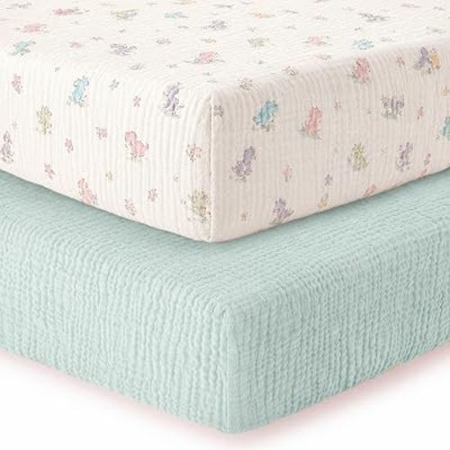 2 Pack Muslin Crib Sheets for Boy - Neutral Fitted Baby Crib Sheets for Standard Toddler Crib Mattress - 52” x 28” Soft Breathable Cotton Baby Bed Sheets - Lake Blue & Dinosaur