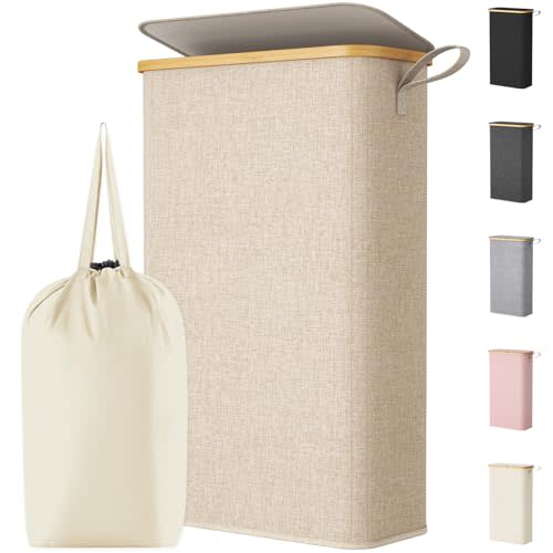 Lifewit 65L Slim Laundry Hamper with Lid, Narrow Laundry Basket with Removable Bag & Bamboo Handles, Fodable Thin Dirty Clothes Hamper for Laundry Collapsible Bin for Bathroom Bedroom Dorm, Beige