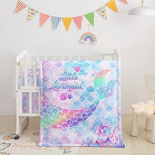 Crib Bedding Set,3pcs Nursery Mermaid Scales Printed Crib Bedding Set,with Comforter Sheet & Skirt for Baby Boys and Girls(Mermaid)