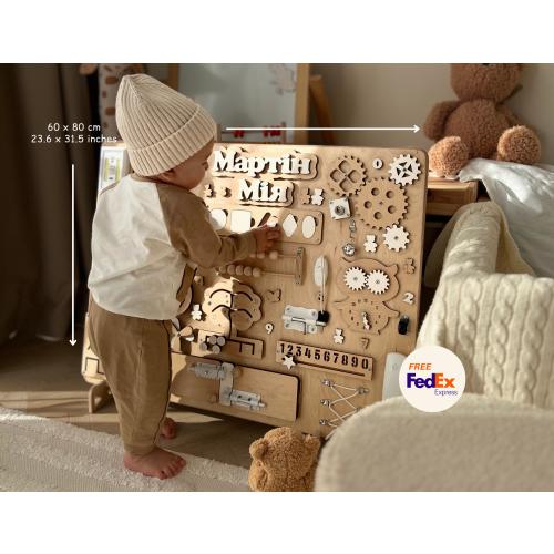 Personalized Montessori Busy Board: Natural Wood Toddler Sensory Toy