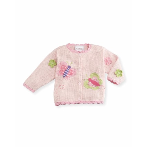 Butterflies Cotton Button-Front Sweater, Pink, Size 6-24 Months