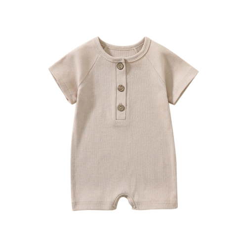 Odeerbi 0-2Y Newborn Boys Girls Cotton Jumpsuit Soft Summer Rompers Toddler Short Sleeve Solid Color T-Shirt Baby Clothes Beige