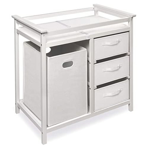Badger Basket Modern Baby Changing Table - Nursery Furniture with Laundry Hamper and 3 Storage Drawers - Diaper Changing Station with Safety Belt, Changing Pad, and Organizer Baskets - White