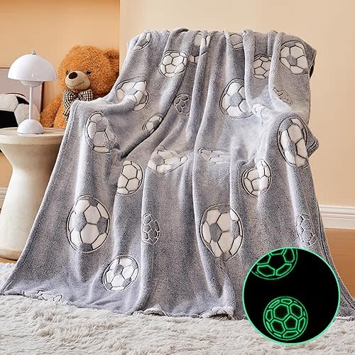 Wajade Soccer Gifts Toys for Boys Girls - Glow in The Dark Soccer Blanket Birthday Christmas Decor for Kids Age 3 4 5 6 7 8 9 10 11 12 Years Old Teens Child Toddler Throw Light Grey 50"x60"