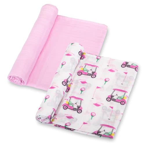 LollyBanks Muslin Swaddle Blankets 2 Pack, 100% Cotton Baby Blanket for Girls, Soft and Breathable 47 x 47 Inches Newborn Receiving Blanket, Newborn Essentials Must Haves (Pink Golf and Pink)