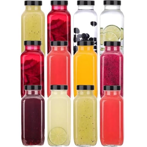 12 Pack 8 oz Glass Juice Bottles with Black Lids & Labels, Reusable Travel Juice Storage Containers, Clear Glass Drink Jars for Juicing, Water, Ginger, Wellness Shots - Leakproof, Dishwasher Safe