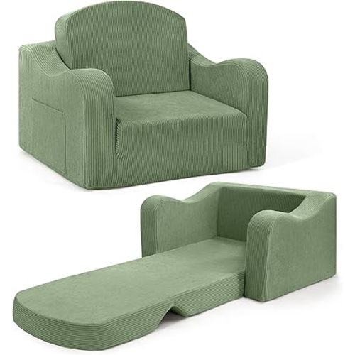 aodisman 2-in-1 Kids Chair and Couch, Thick Cozy Corduroy Kids Sofa, Convertible Foam Seating for Reading, Playing, Removable Washable Cover,Green