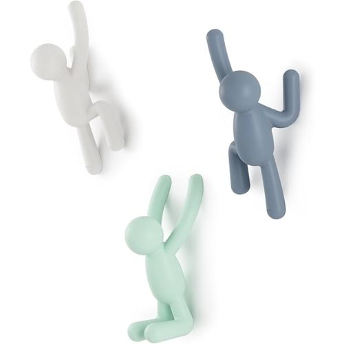 Umbra Buddy Wall Hooks – Decorative Wall Mounted Coat Hooks for Hanging Coats, Scarves, Bags, Purses, Backpacks, Towels and More, Set of 3, Light Multicolored