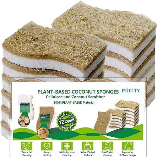 Sponges Kitchen Natural Dish Sponge Plant-Based Biodegradable Compostable Cellulose with Coconut Scrubber Sponge Non Scratch Eco Friendly Kitchen sponges for Kitchen Dishes（Pack of 12）