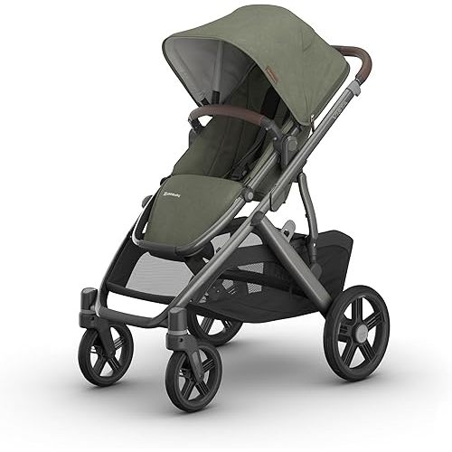 UPPAbaby Vista V3 Stroller - Full-Size Single-to-Double Stroller System - Toddler Seat, Bug Shield, Rain Shield, and Storage Bag Included - Evelyn (Meadow Green/Graphite Frame/Chestnut Leather)