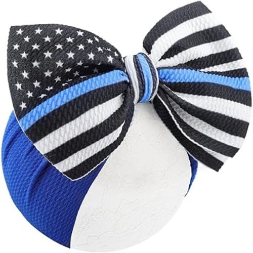 YanJie 7" Baby Girls Headbands National Police Week Hair Bow Blue Line Flag Printed Headbands Police Support Nylon Headband Infant Bows Gift