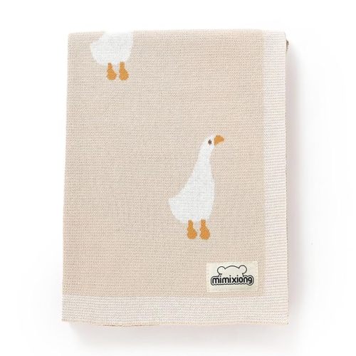 mimixiong Baby Blanket Knit Receiving Boys Girls Blanket Soft Cotton Neutral Blanke for Swaddle Crib Stroller with Cute Goose Beige 30x40 Inch