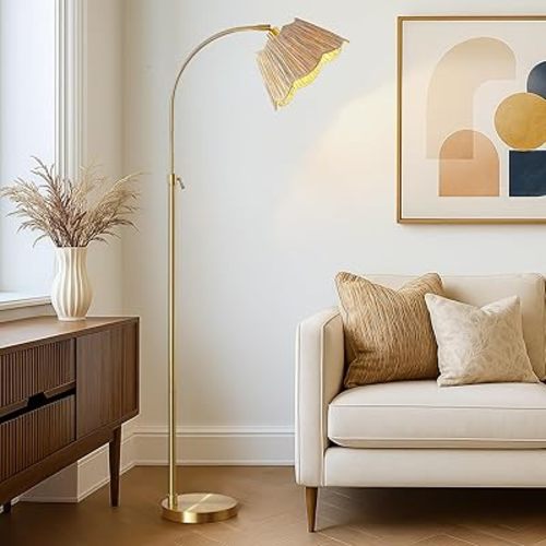 64'' Adjustable Arc Floor Lamp with Natural Rattan Woven Shade, Brushed Gold Mid-Century Modern Boho Floor Lamp, Retro Tall Standing Lamp for Living Room, Bedroom, Home Office, Bulb Included