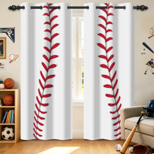 Boys Baseball Blackout Curtains,Sports Red Baseball Patterned Room Darkening Window Drapes for Kids Men Teen Nursery Cool Art Printed, Grommet 2 Panels Set Privacy Curtains 42x84 Inch