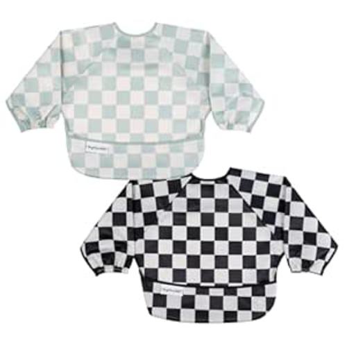 Tiny Twinkle Long Sleeve Bib for Babies & Toddlers | 2-Pack Waterproof Smock Bib for Eating | Machine Washable & Mess-Proof Feeding Essentials | Newborn Shower Gift (Black,Sage Checkers, 6-24M)