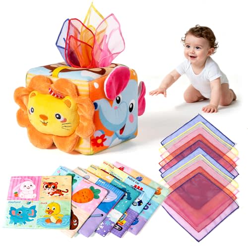 Baby Tissue Box Toy - Baby Sensory Toys 6-12 Months, Montessori Toys for 6 Month Old with 6 Crinkle Tissues & 10 Scarves, Tissue Pulling Baby Toys for Easter Gifts & Easter Basket Stuffers