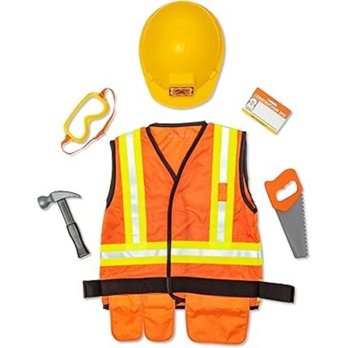 Melissa & Doug Construction Worker Costume Dress-Up Set for Kids (6-Piece) – Pretend Play Outfit with Tools & Safety Vest – Role Play Toys for Boys & Girls Ages 3+