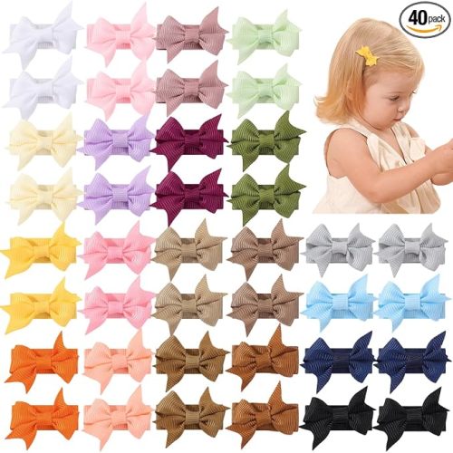 YHXX YLEN 40PCS Mini 1.4" Bow Snap Clips, Baby Hair Clip Grosgrain Ribbon Tiny Hair Bows Clips in Pairs for Baby Girls Toddlers Infant Fine Thin Hair