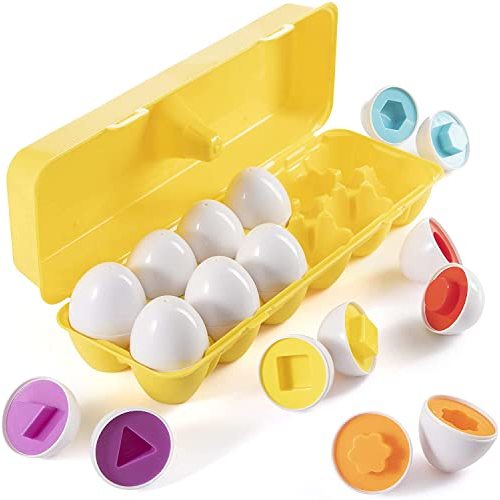 PREXTEX My First Find and Match Easter Matching Eggs with Yellow Eggs Holder - STEM Toys Educational Toy for Kids and Toddlers to Learn About Shapes and Colors Easter Gift