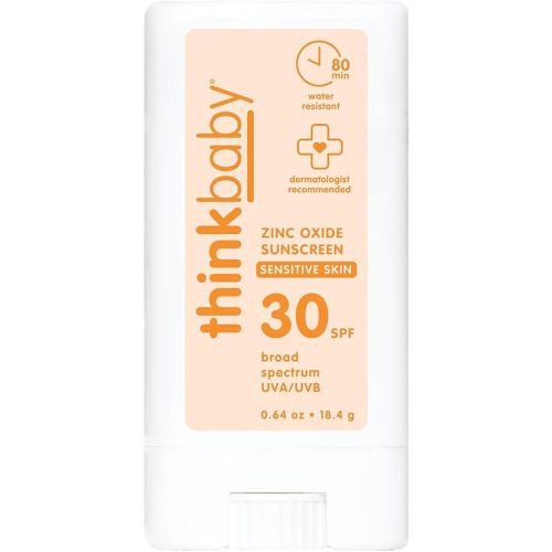Thinkbaby SPF 30 Kids Sunscreen Stick for Sensitive Skin, 0.64 oz, Baby Sunscreen with Non-Nano Zinc Oxide 24%, Broad Spectrum UVA/UVB Protection, 80-Minute Water Resistant, Reef Friendly SPF Stick
