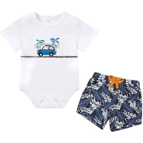 Coco&RARA Baby Boy Clothes Newborn Summer Short Sleeve Cotton Crew Neck Button Crotch Romper Short Set Infant Boy Clothes