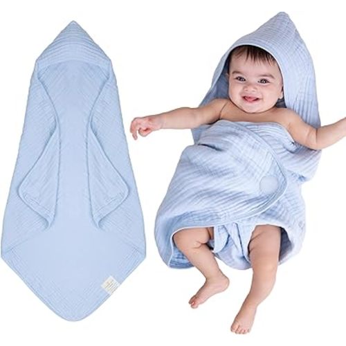 NINTARABABY Hands-Free Hooded Towel Nintara Baby - 100% Organic Premium Muslin Cotton, 30" x 30", Ultra-Absorbent, Soft, Breathable, Hypoallergenic, Multipurpose, Gifts for Babies & Infants