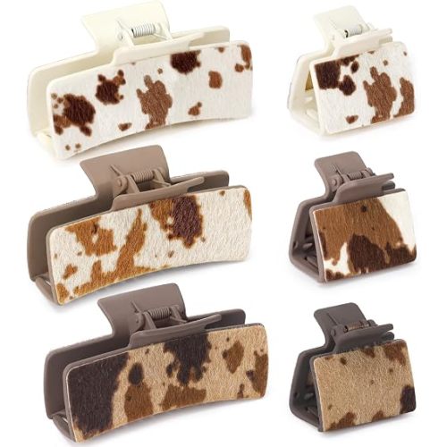 6PCS Hair Claw Clips for Women Western Leather Square Hair Clips Cows Print Matte Faux Cattle Hide Hairpins Neutral Cowhide Large Small For Her Friends Girls Thick Thin Hair Accessories