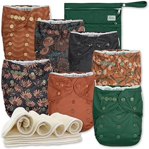 Nora's Nursery AWJ Cloth Diapers 7 Pack with 1 Wet Bag - Waterproof Cover, Washable, Reusable & One Size Adjustable Pocket Diapers for Newborns and Toddlers - Dahlia