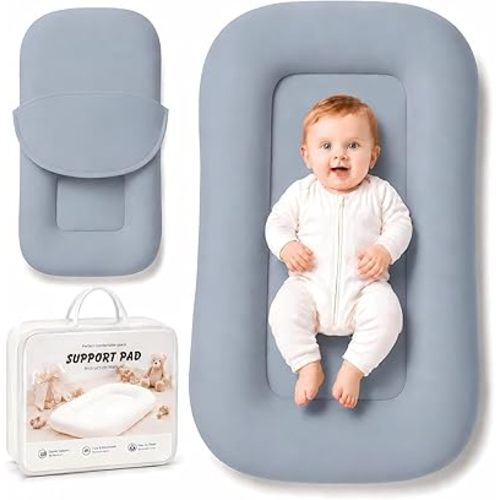 Baby Lounger for Newborns 0-24 Months - Soft Breathable Cotton Infant Support Cushion for Tummy Time & Play, Baby Essentials Gift - Blue (Cover Included)