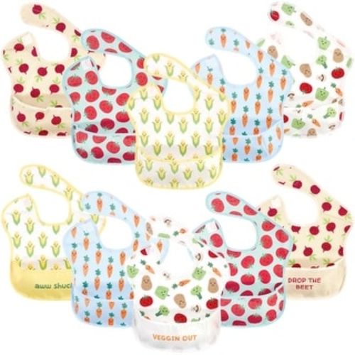 Hudson Baby Infant Waterproof Polyester Bibs 10pk, Veggies, Feeder - Veggies