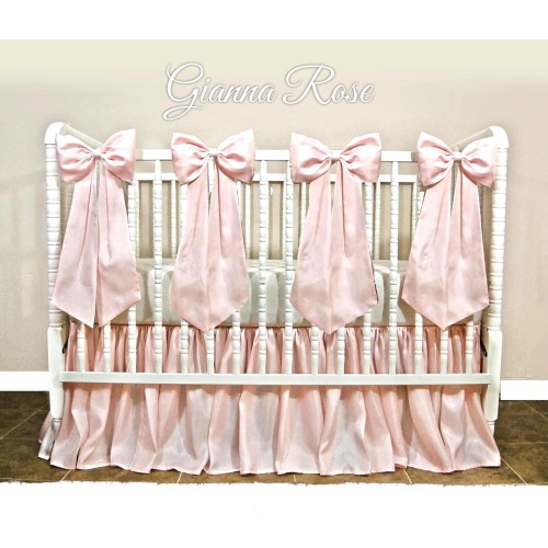 Girl Crib Bedding - Pearl Blush Pink Crib Skirt Set with Large Silky Taffeta Bows with long sashes - Free shipping!
