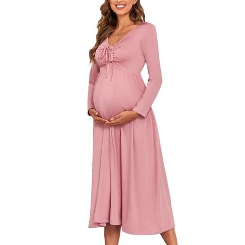 AISWI Maternity Tie Front Dress A Line Long Sleeve V Neck Flowy Pregnancy Maxi Dresses for Baby Shower Casual 2025 Fall