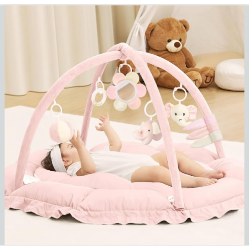 ANGELBLISS 5 in 1 Baby Play Gym Mat, Reversible Tummy Time Mat with 5 Sensory Toys for Stage-Based Developmental, Thick & Large Baby Activity Center from Newborn to Toddler (Pink)