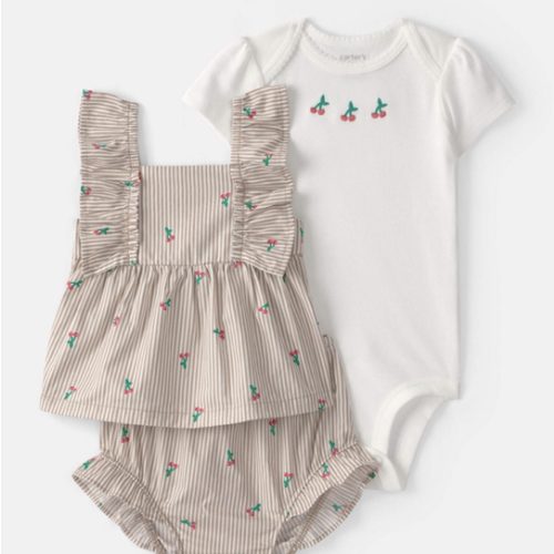Baby Girl 3-Piece Cherry Striped Outfit Set - Beige/White | Carter's