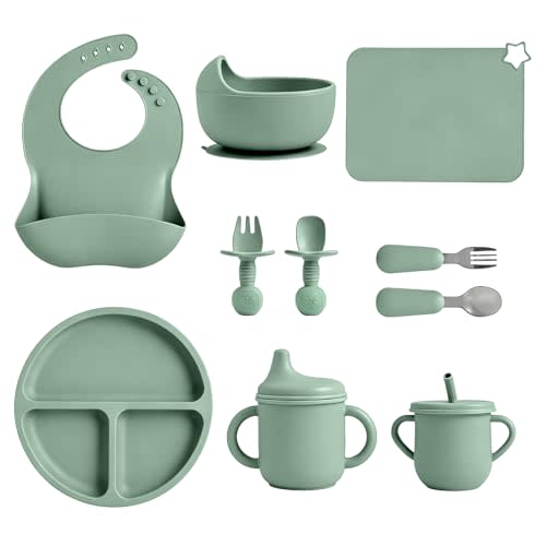 Silicone Baby Feeding Set 10 Pcs, Baby feeding essentials | Include Suction Plate, Bowl, Bib, Placemat, Silicone spoon&forks, Stainless Spoons&forks, straw cup and sippy cup (Green)
