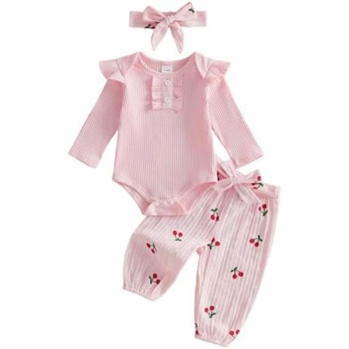 Lamuusaa Baby Girl Clothes Ruffle Long Sleeve Ribbed Knitted 0-3