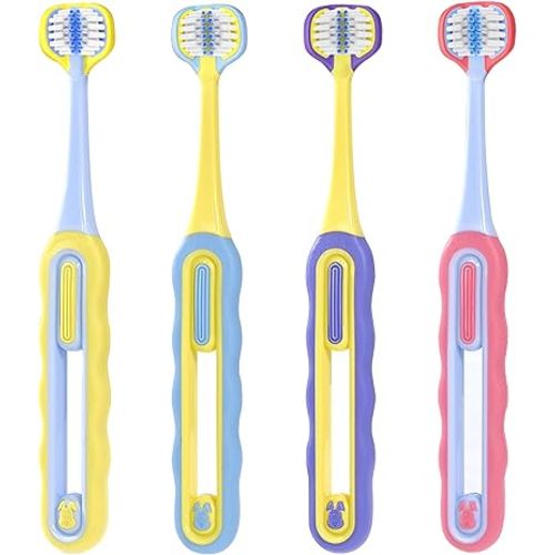 3-Sided Toddler Toothbrush 4-Pack | Ultra-Soft Bristles for Ages 1-12 | 4 Fun Colors (Gentle, 360° Cleaning, Comfortable for Sensitive Gums), Easy-Grip Handle & Quick Cleaning