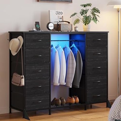 LUMTOK 55"W Dresser with Hanging Rack,10 Fabric drawers & Hooks for Bedroom