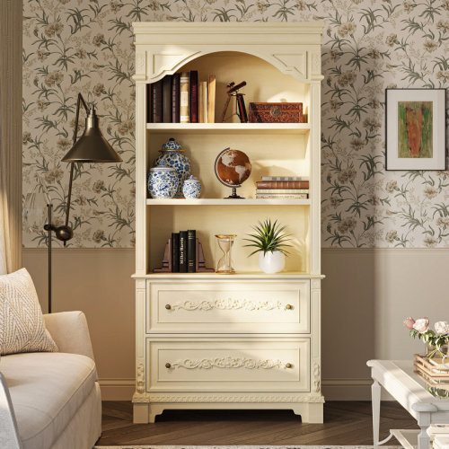 Astoria Grand Elegant Display Cabinet With 3 Open Shelves & 2 Carved Drawers | Wayfair